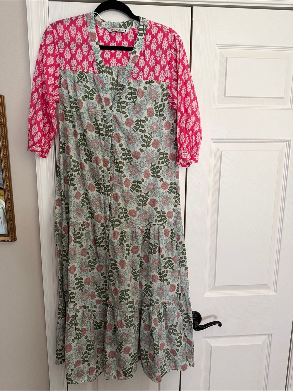 Zara Floral Block-Print Maxi Dress in Pink and Green